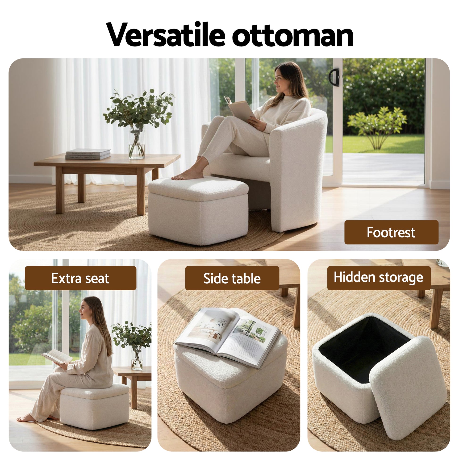 White boucle barrel chair and ottoman, text: Versatile ottoman, uses: Footrest, Extra seat, Side table, Hidden storage