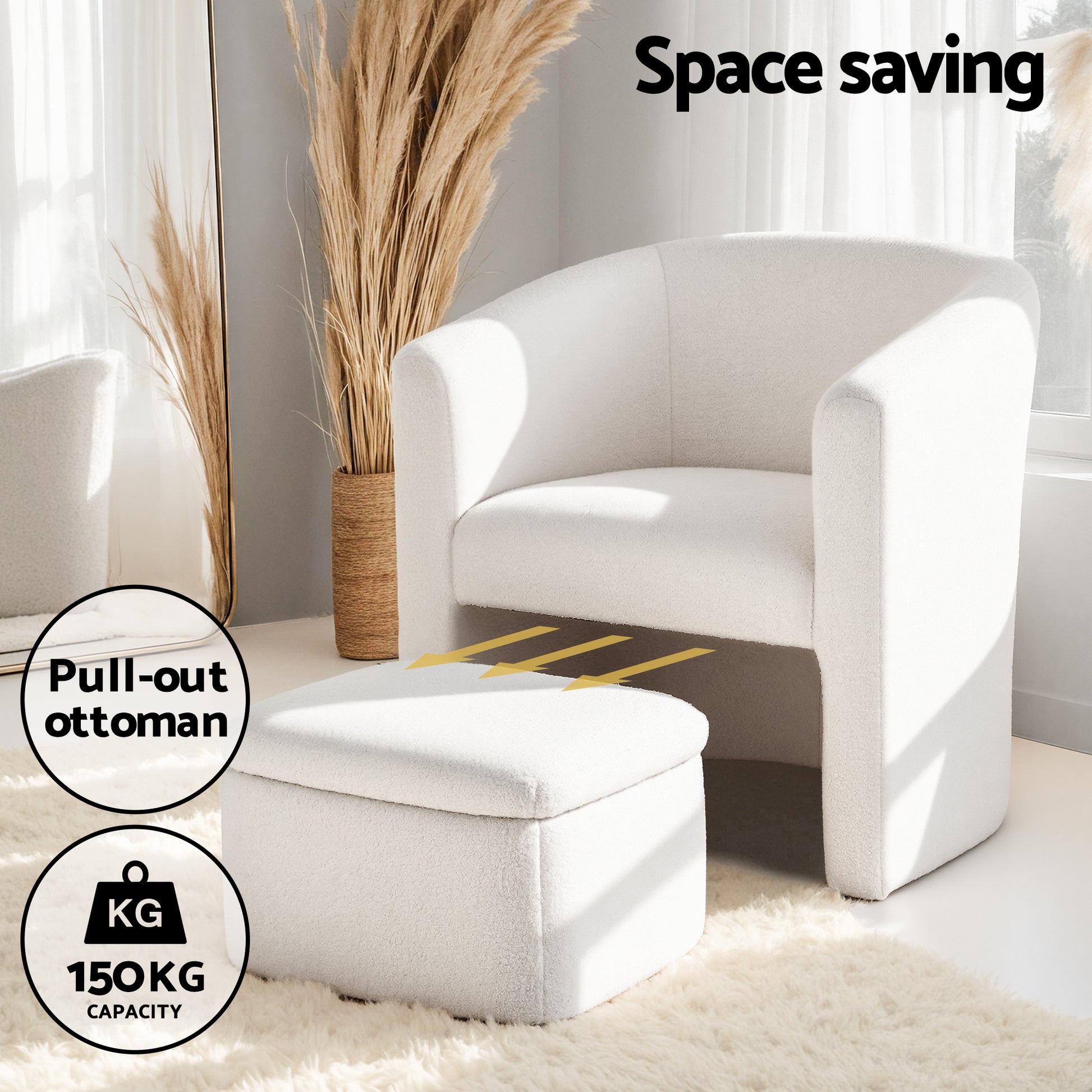 White boucle barrel chair and ottoman in room, text: Space saving, badges: Pull-out ottoman, 150KG capacity