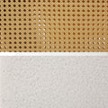 Material swatch showing natural rattan cane weave on top and white boucle fabric texture on bottom
