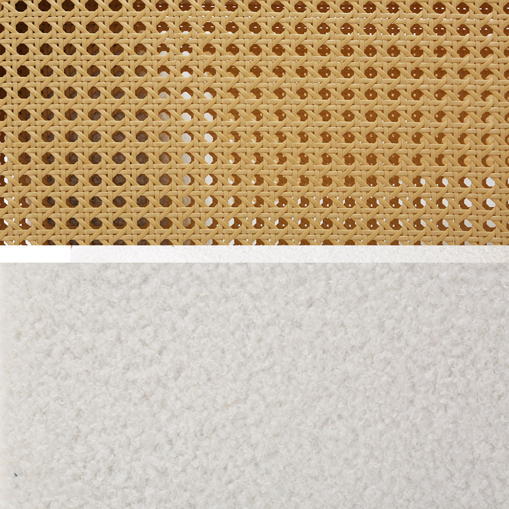 Material swatch showing natural rattan cane weave on top and white boucle fabric texture on bottom