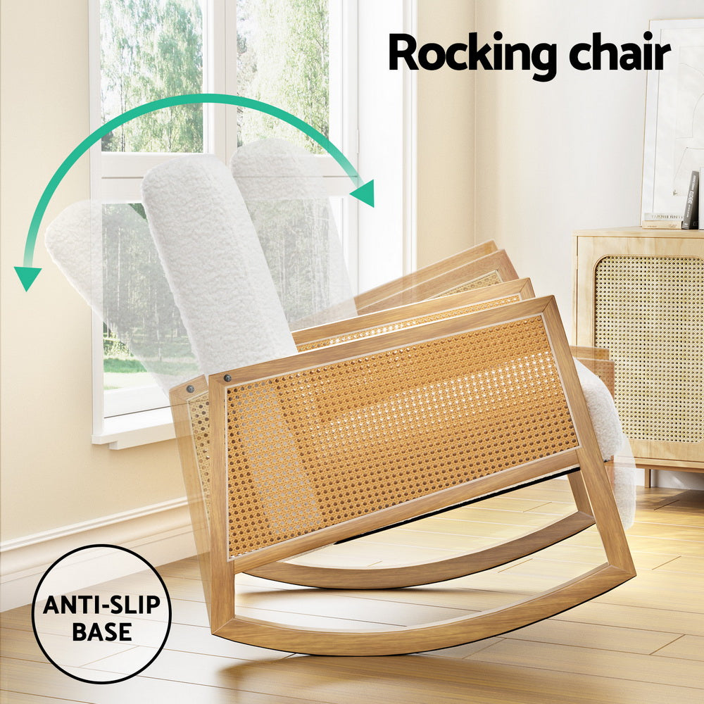White boucle rattan rocking chair in rocking motion, "Rocking chair" text, anti-slip base badge, room with rattan sideboard