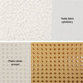 Material swatch split: white teddy fabric upholstery on top, woven plastic rattan armrest pattern on bottom