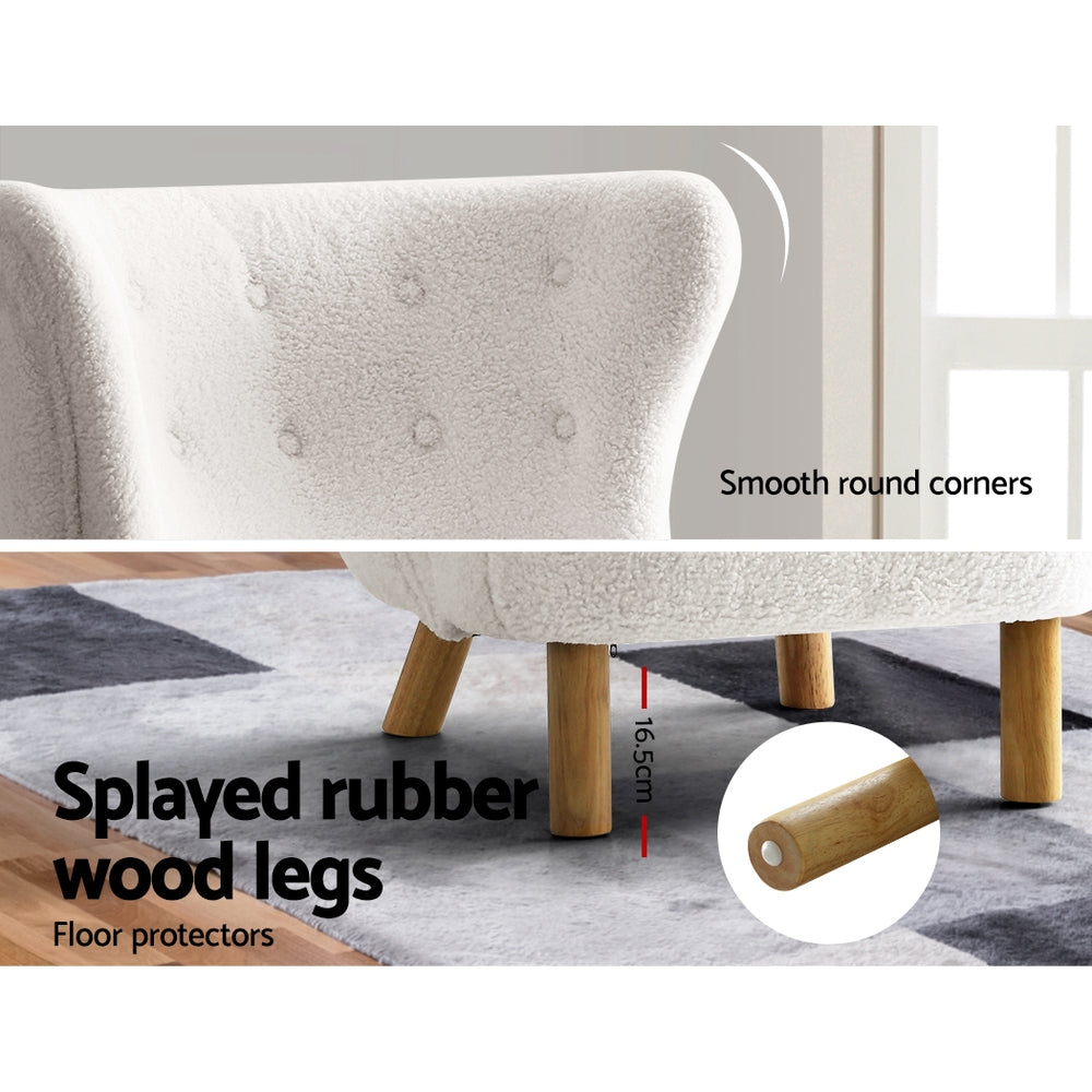 White boucle wingback chair detail: "Smooth round corners" and "Splayed rubber wood legs" 16.5cm with protectors