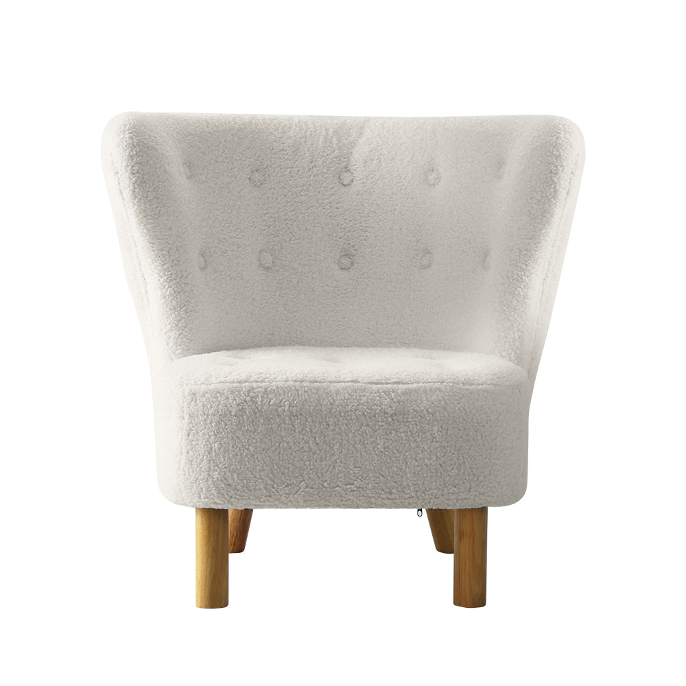 White boucle button-tufted wingback accent chair with natural wood cylindrical legs, front view on white background