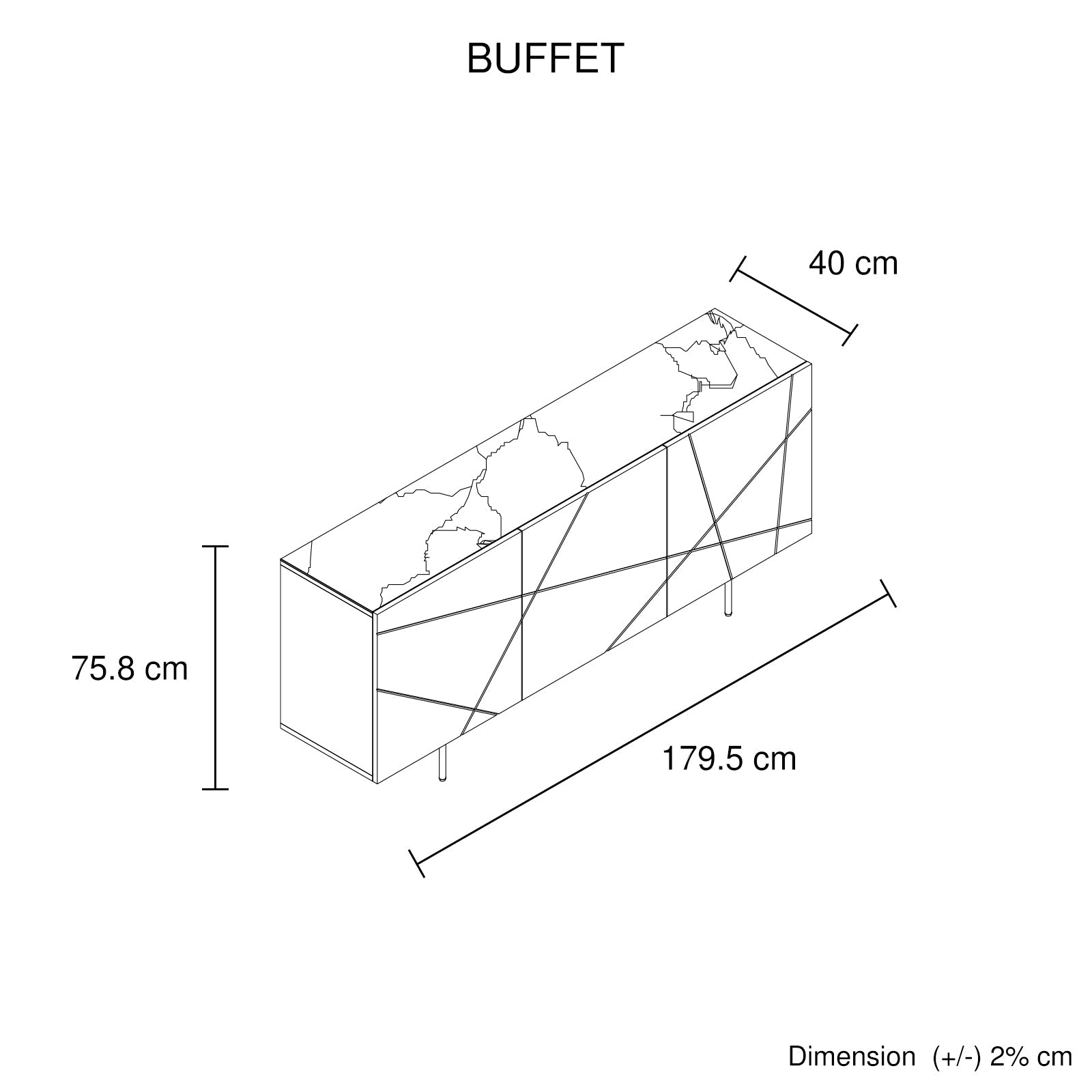 Buffet sideboard line drawing dimensions diagram: 179.5cm wide, 75.8cm tall, 40cm deep with geometric faceted front panels