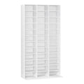 White 3-column CD and DVD media storage shelf tower empty on white background, angle view