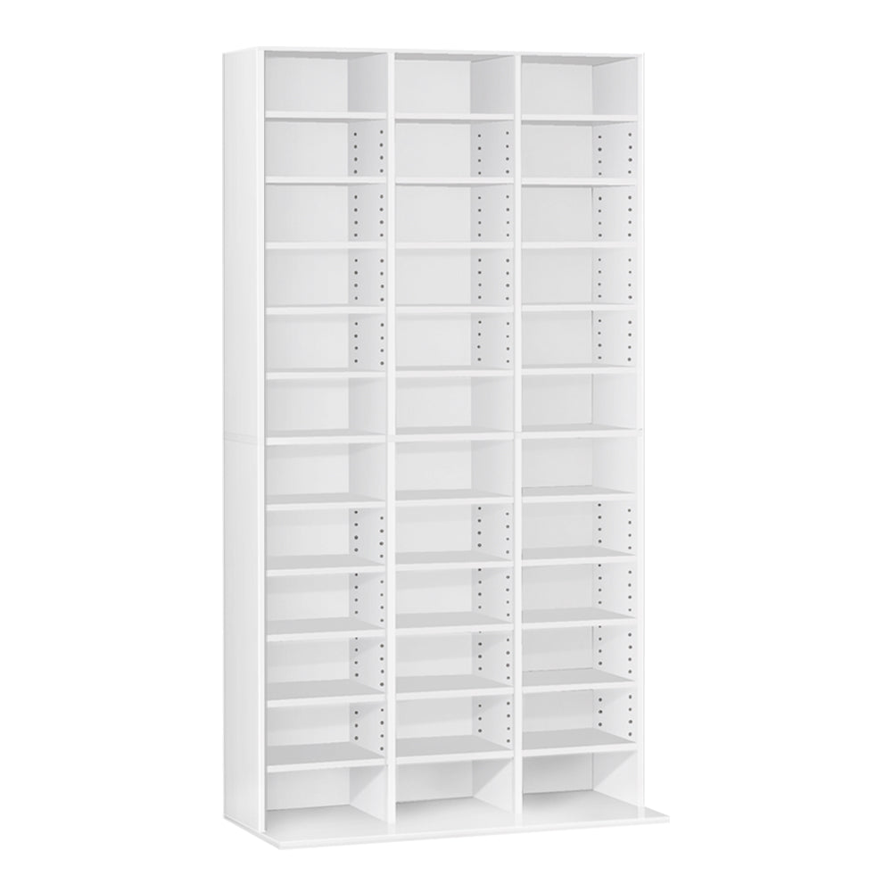 White 3-column CD and DVD media storage shelf tower empty on white background, angle view