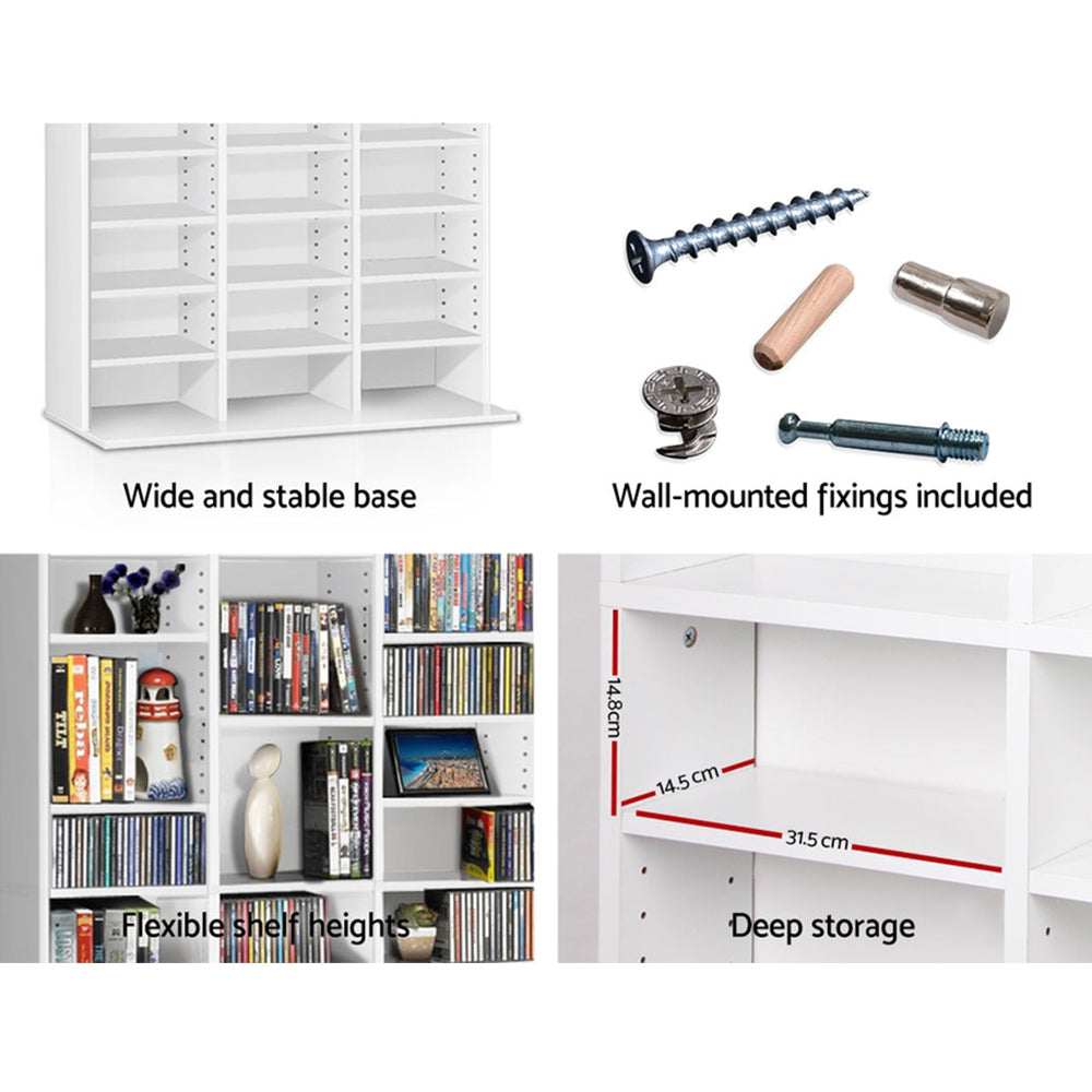 4-panel: stable base, wall fixings included, flexible shelf heights, shelf dimensions 31.5cm deep 14.8cm tall