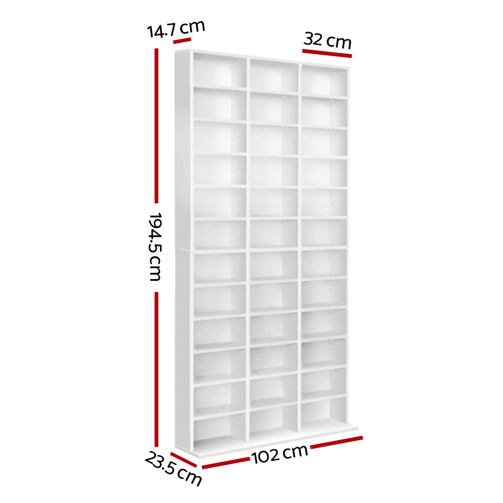 Dimensions diagram of white media storage shelf: 194.5cm tall, 102cm wide, 23.5cm deep, shelf 32cm wide