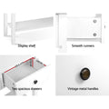 Four-panel detail: display shelf, smooth drawer runners, open drawer 28.5x24x9.5cm, and vintage metal round handle close-up