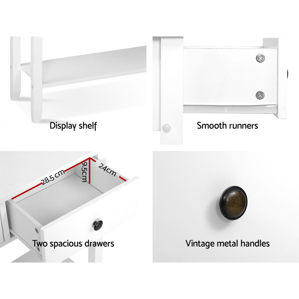 Four-panel detail: display shelf, smooth drawer runners, open drawer 28.5x24x9.5cm, and vintage metal round handle close-up