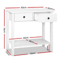 White console table dimensions diagram: 80x30x74cm, lower shelf 69x28cm, drawer open showing interior