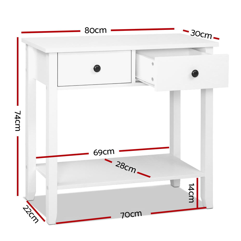 White console table dimensions diagram: 80x30x74cm, lower shelf 69x28cm, drawer open showing interior