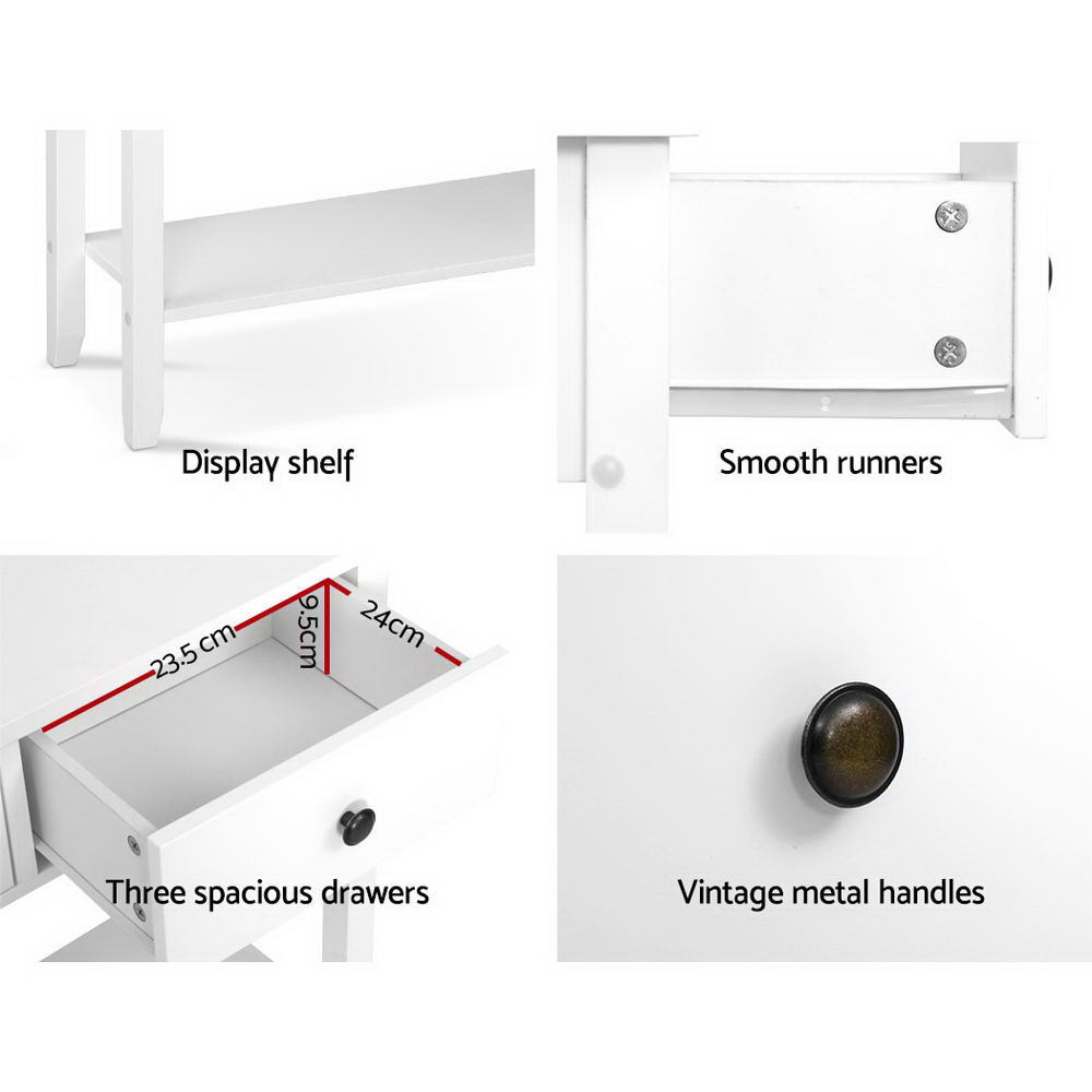 Four-panel detail: display shelf, smooth drawer runners, open drawer 23.5×9.5×24cm, and black round knob close-up