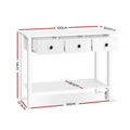 White console table dimensions: 100×30cm top, 74cm tall, bottom shelf 28.5cm deep; three open drawers shown