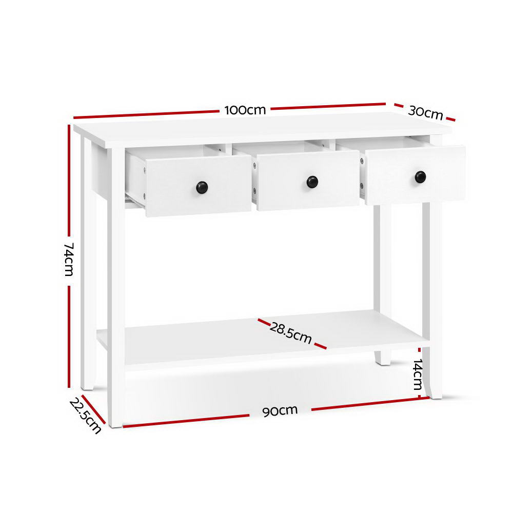 White console table dimensions: 100×30cm top, 74cm tall, bottom shelf 28.5cm deep; three open drawers shown