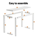 White console table exploded assembly diagram with parts labelled A to G, text 