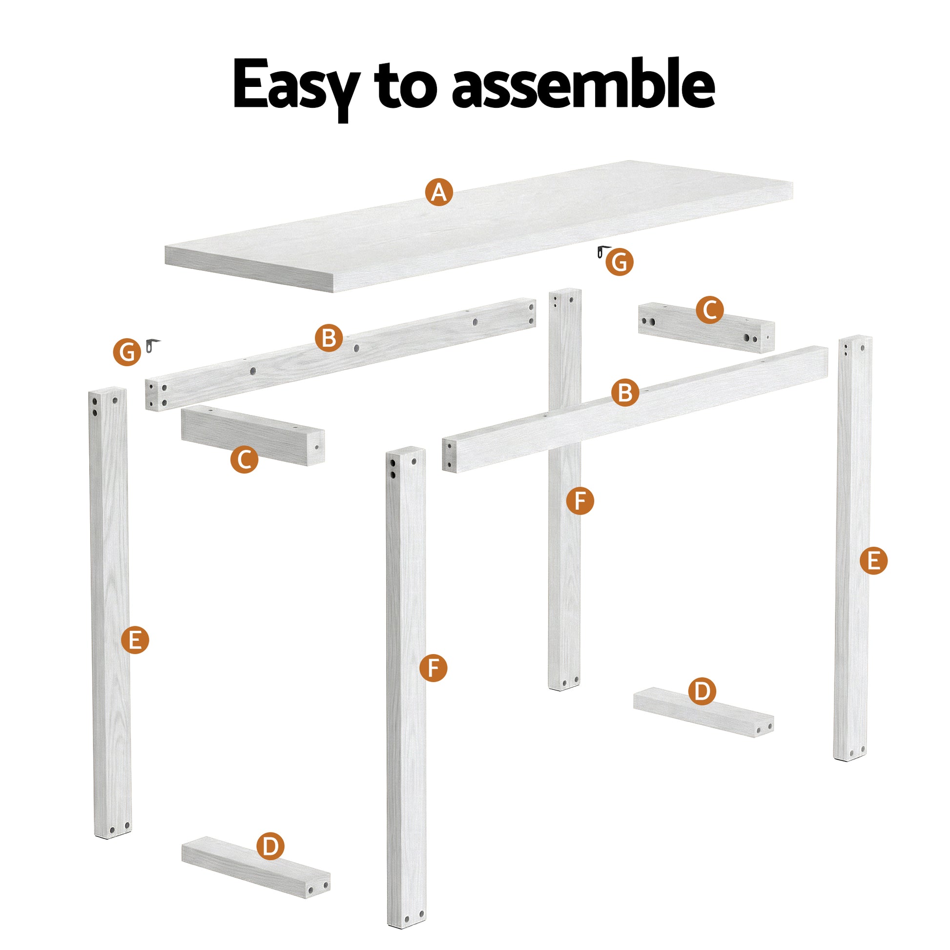 White console table exploded assembly diagram with parts labelled A to G, text "Easy to assemble"