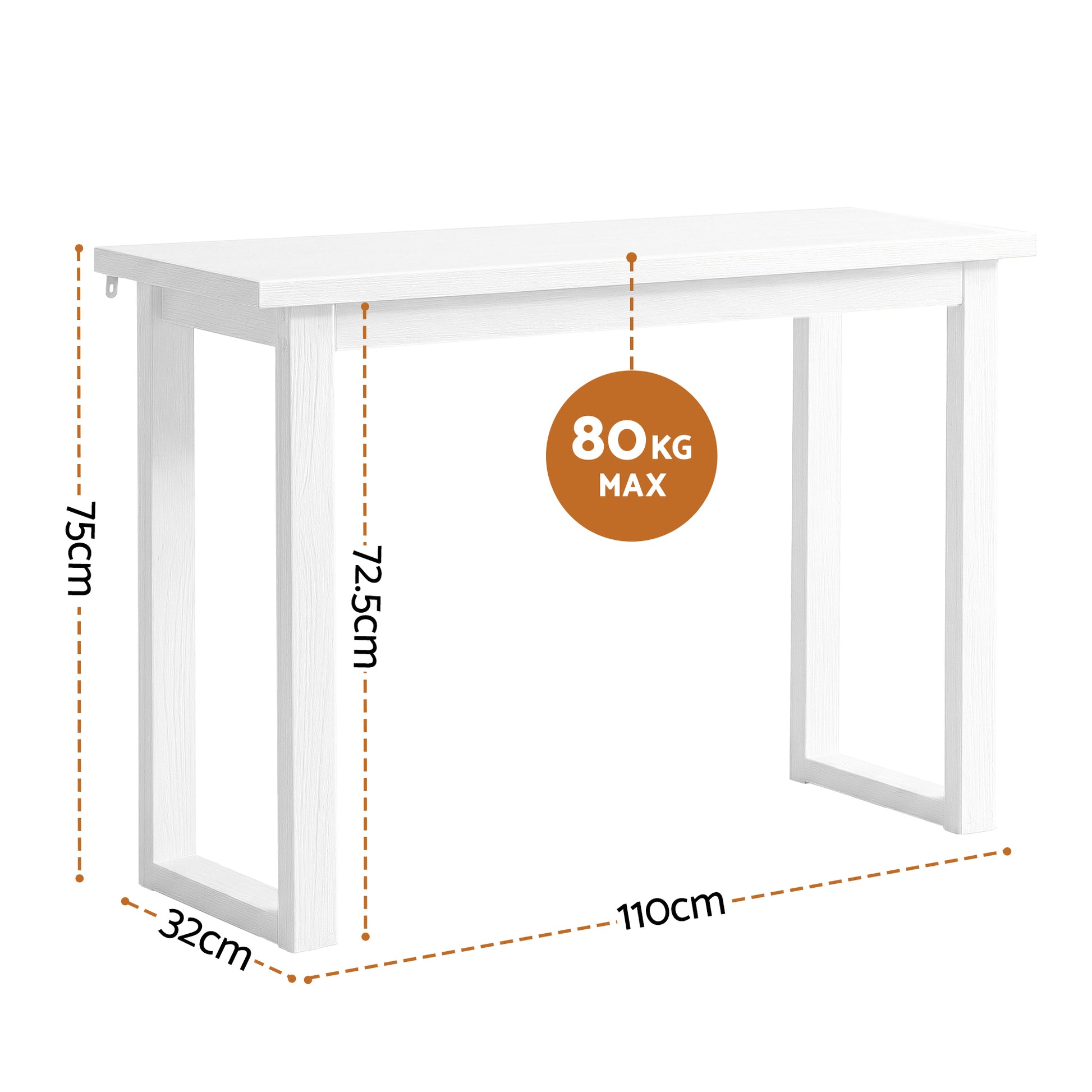 White console table dimensions: 110cm wide, 32cm deep, 75cm tall, 80kg max capacity
