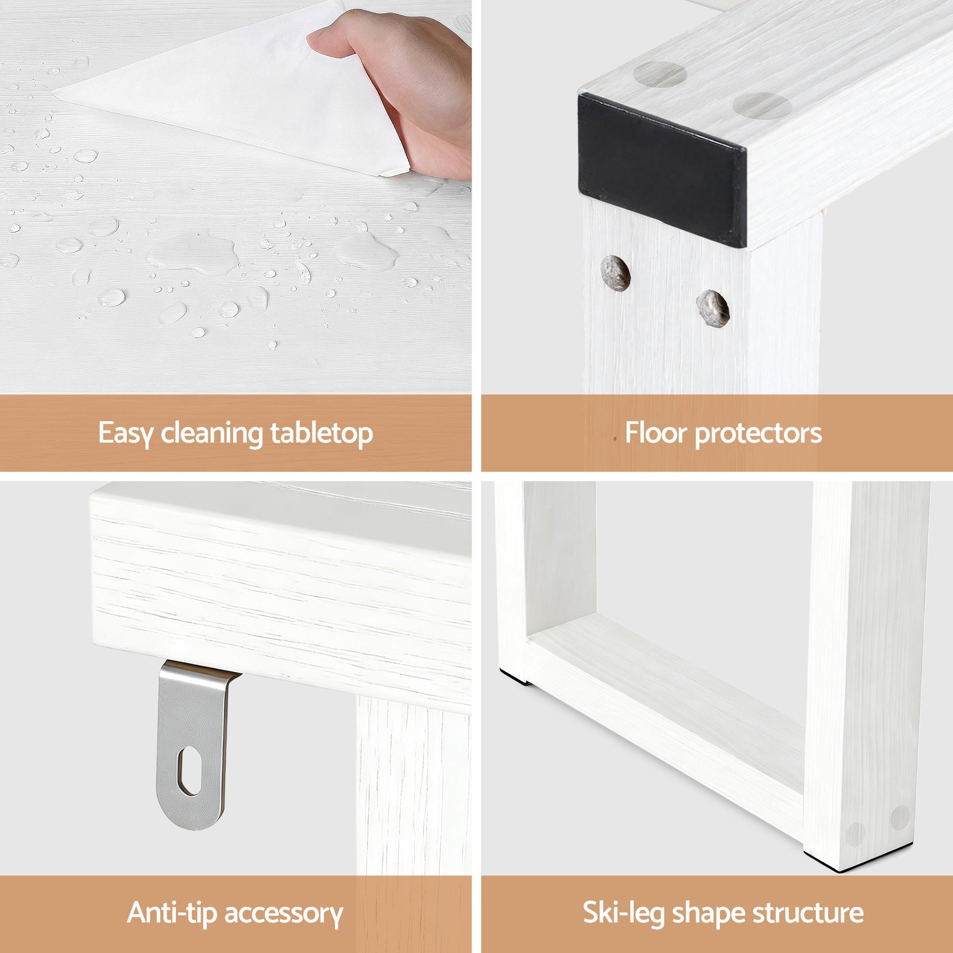 White console table feature close-ups: waterproof tabletop, floor protectors, anti-tip accessory, and ski-leg structure