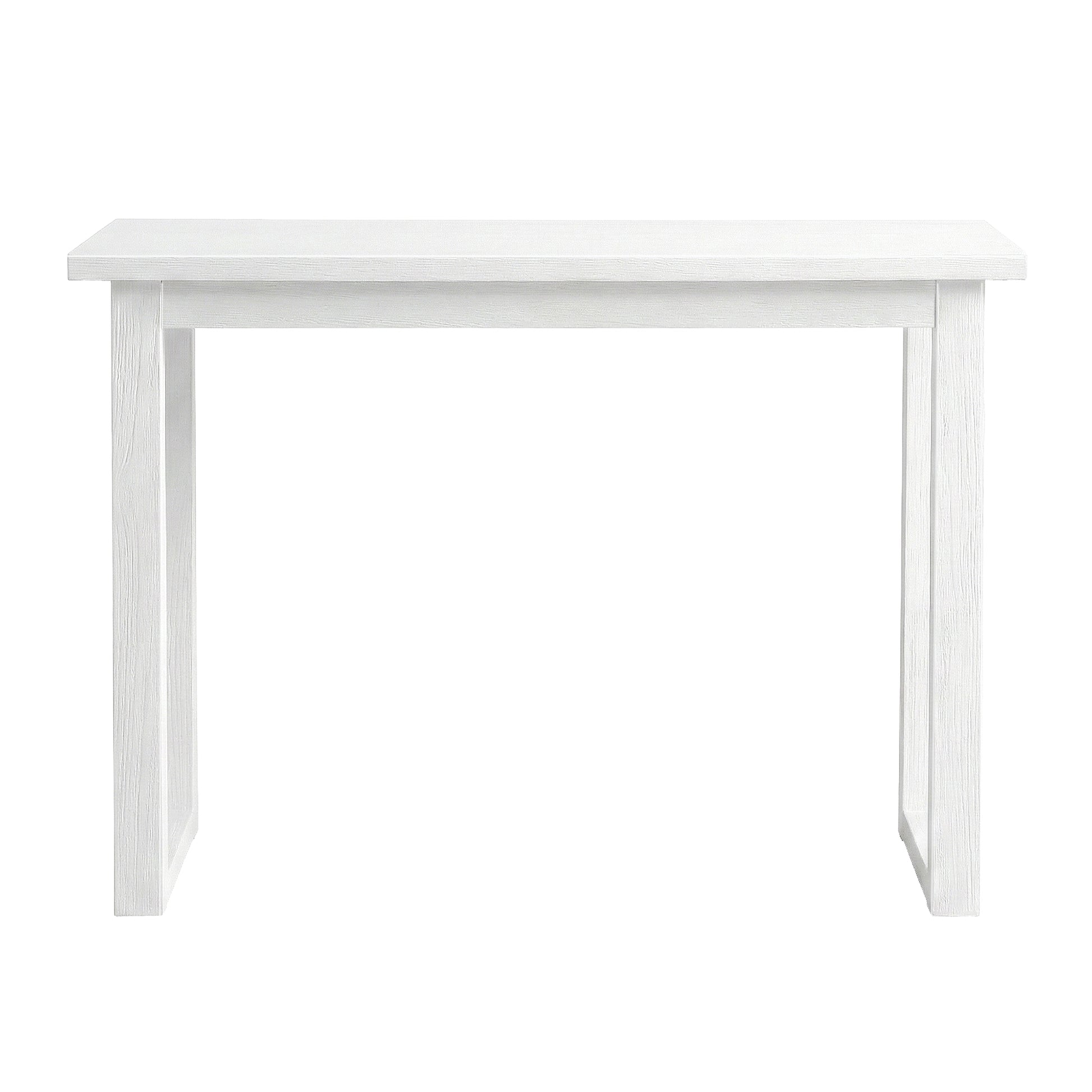 White wood-grain console table with open rectangular legs and flat top, front view on white background