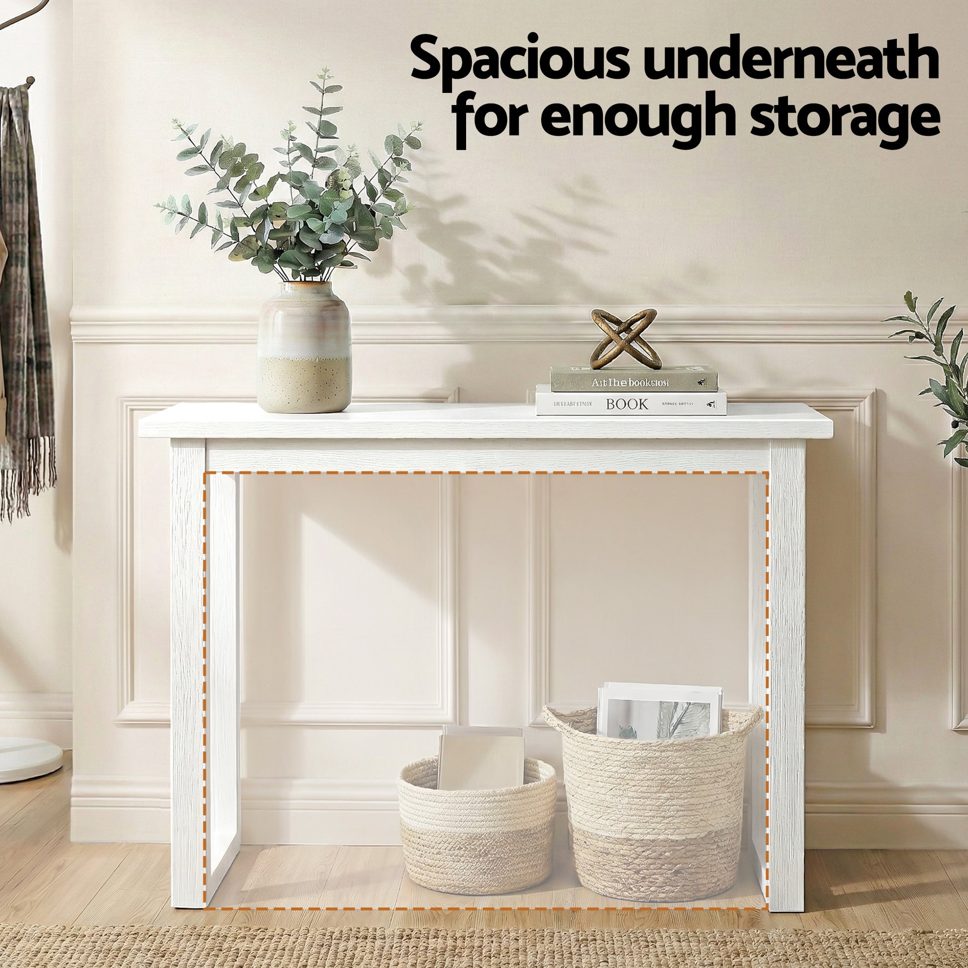 White console table in hallway with open lower shelf and wicker baskets, text "Spacious underneath for enough storage"