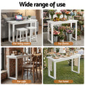 White console table shown in four settings: living room, florist, cafe, and hotel, text 
