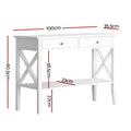 White console table with X-frame sides, dimensions diagram: 100x35.5x80.5cm, lower shelf depth 33cm