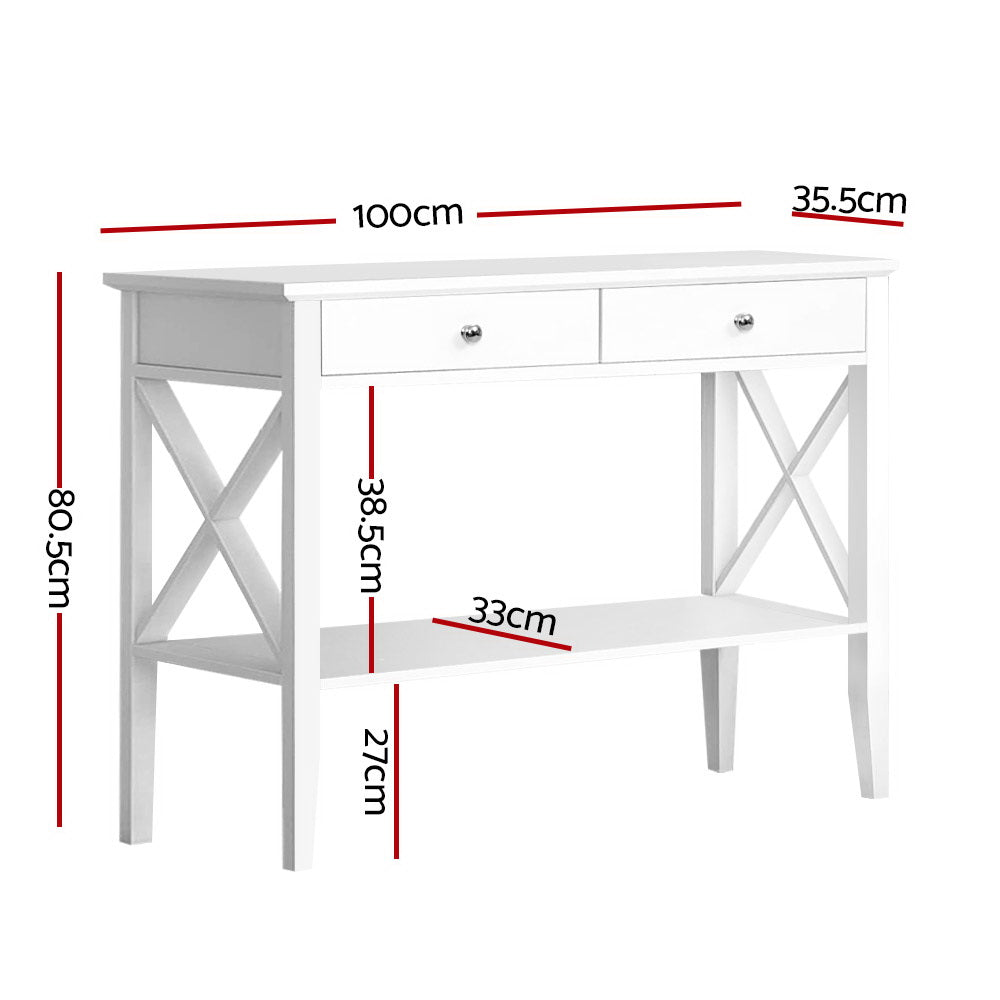 White console table with X-frame sides, dimensions diagram: 100x35.5x80.5cm, lower shelf depth 33cm