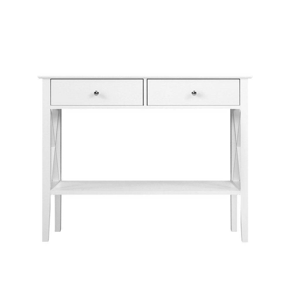 White console table straight front view: two drawers with chrome knobs, X-frame sides and lower shelf, white background