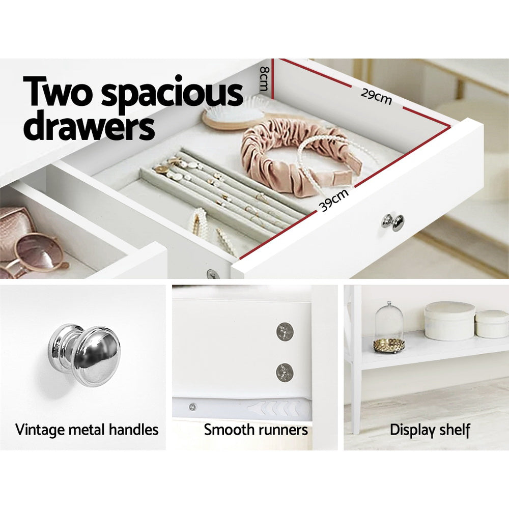 Open drawer with jewellery, dimensions 39x29x8cm; panels: vintage metal handle, smooth runners, display shelf close-ups