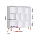 White 9-compartment cube bookshelf dimensions: 120cm wide, 24cm deep, 107cm tall, 30.5cm shelf height, 11cm legs