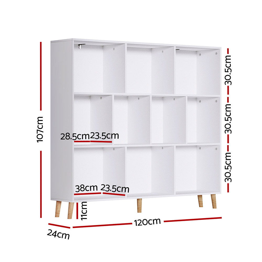 White 9-compartment cube bookshelf dimensions: 120cm wide, 24cm deep, 107cm tall, 30.5cm shelf height, 11cm legs