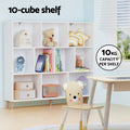 White cube bookshelf styled with toys and books in children's room, text reads 10-cube shelf, 10kg capacity per shelf
