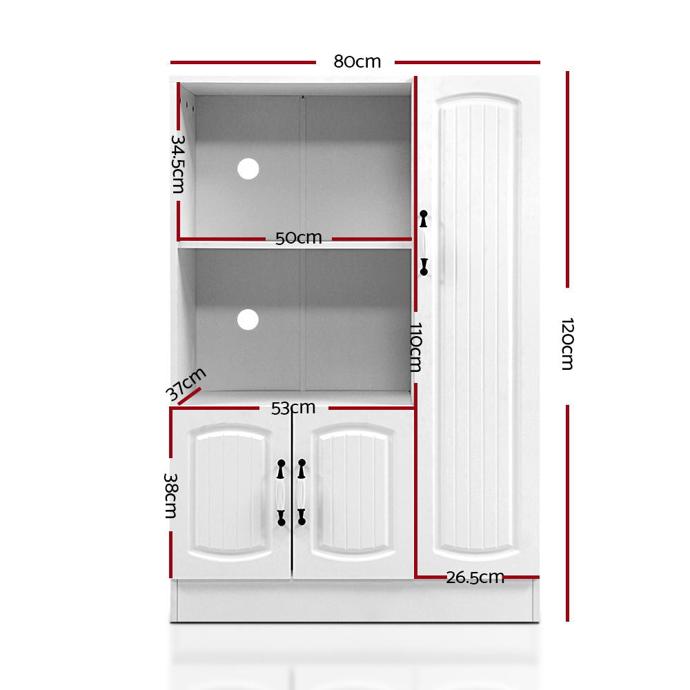 White display cabinet dimensions: 80cm wide, 120cm tall, open shelves 50cm wide, lower cabinet 53cm, side door 26.5cm