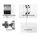 White display cabinet features: pre-drilled cabling holes, porcelain handles, sturdy hinges, anti-scratch feet