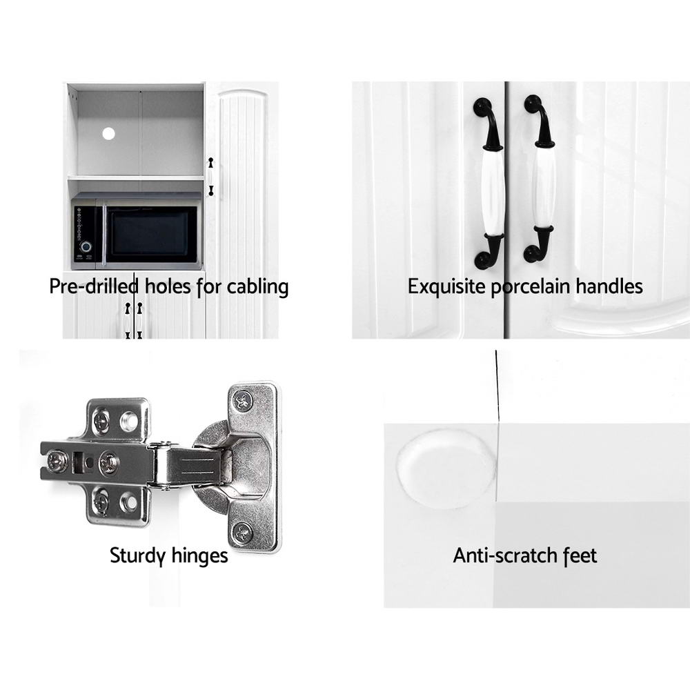 White display cabinet features: pre-drilled cabling holes, porcelain handles, sturdy hinges, anti-scratch feet
