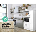 White display cabinet in kitchen with microwave on shelf and rattan items; text: easy to clean, a better kitchen