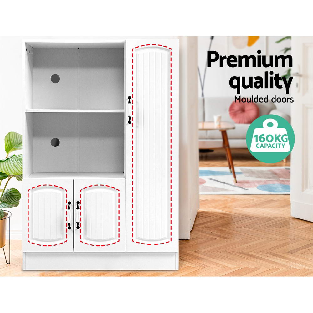 White display cabinet with moulded arch doors highlighted; text: premium quality, moulded doors, 160kg capacity