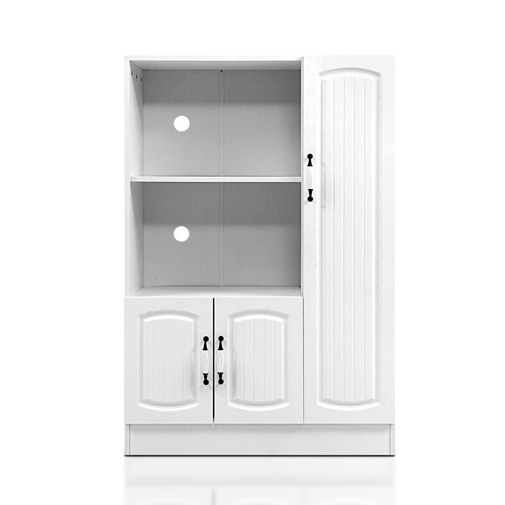 White wooden display cabinet with two open shelves on left, two arch-panel doors below, and full-height side door, front view