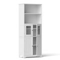 White display hutch with open top shelves, glass panel doors and slatted lower doors, three-quarter view on white background