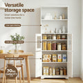 White pantry hutch open in dining room with feature labels: open shelving, glass door and solid door sections, 70KG capacity