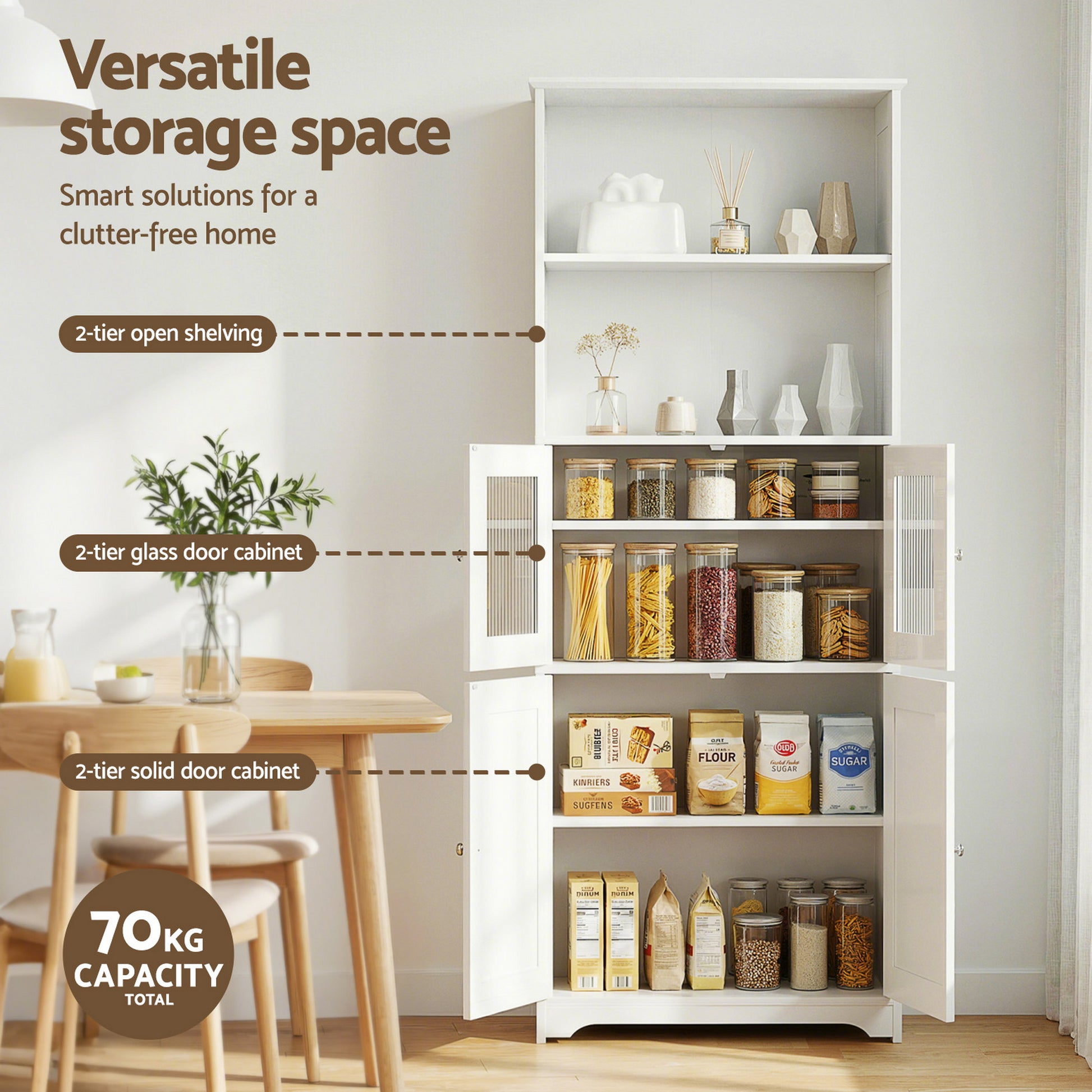 White pantry hutch open in dining room with feature labels: open shelving, glass door and solid door sections, 70KG capacity