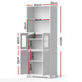 Dimension diagram of white display hutch: 60cm wide, 30cm deep, 160cm tall, with interior shelf measurements