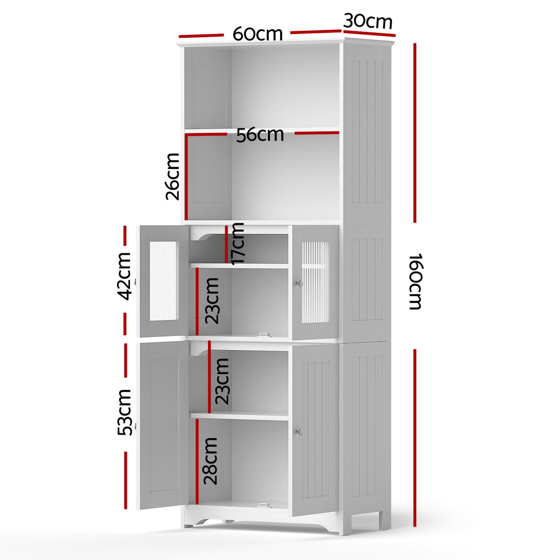 Dimensions diagram of white hutch cabinet: 160cm tall, 60cm wide, 30cm deep, showing interior shelf heights 17, 23 and 28cm