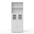 White display hutch cabinet with two open shelves, frosted glass middle doors and solid lower doors on white background