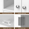 Hardware detail panel showing particle board frame, chrome metal knobs, magnetic door catches and non-mortise hinges