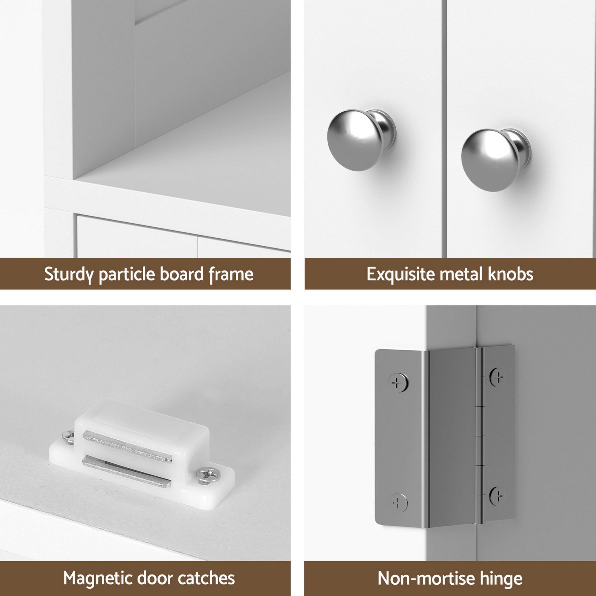 Hardware detail panel showing particle board frame, chrome metal knobs, magnetic door catches and non-mortise hinges