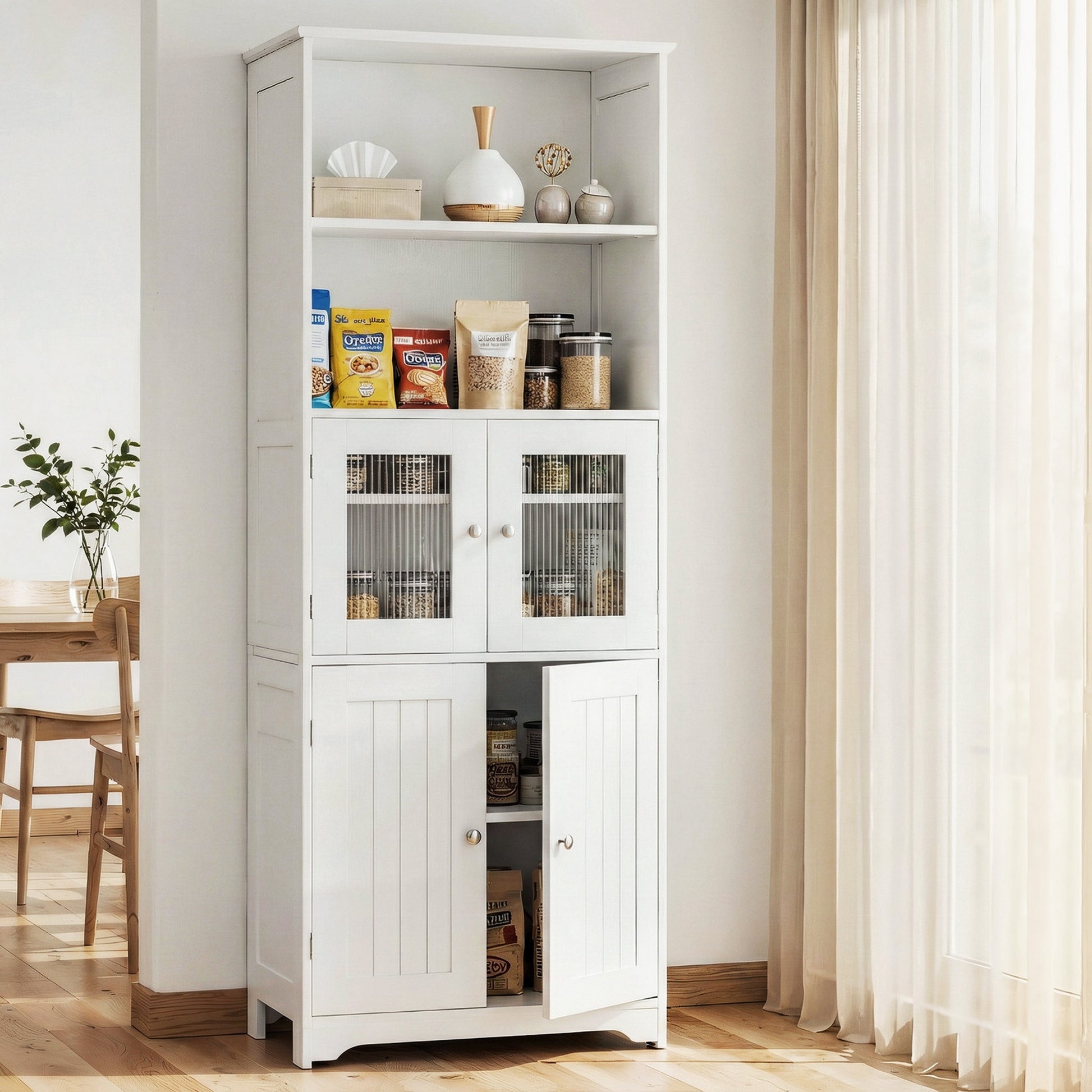 White display hutch cabinet in dining room fully open showing condiment jars on lower shelf and pantry foods on open shelves
