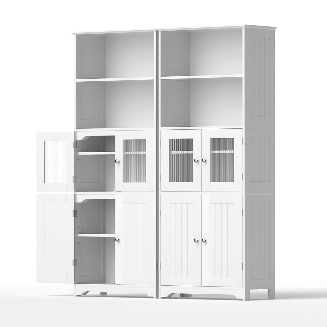 Two white hutch cabinets side by side, open showing top shelves, glass-panel doors and lower solid doors with silver knobs